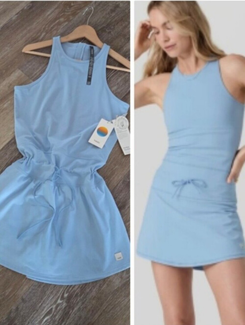 Vuori Daily Tennis Dress NWT Surf Blue Drawstring Built In Shorts Pickleball
